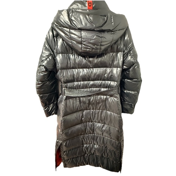 KARL LAGERFELD PARIS Women's Shine Hooded Belted Down Puffer Coat Black Red XL - Picture 7 of 9
